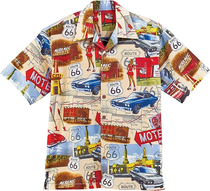 David Carey Chevy Route 66 Camp Shirt – Retro Inspired – Button Up Collared Short Sleeve Tan Club Shirt, Route 66 Shop Memorabilia